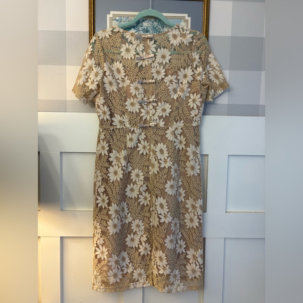Molly Bracken Cream and Tan Floral Midi Dress Size Large